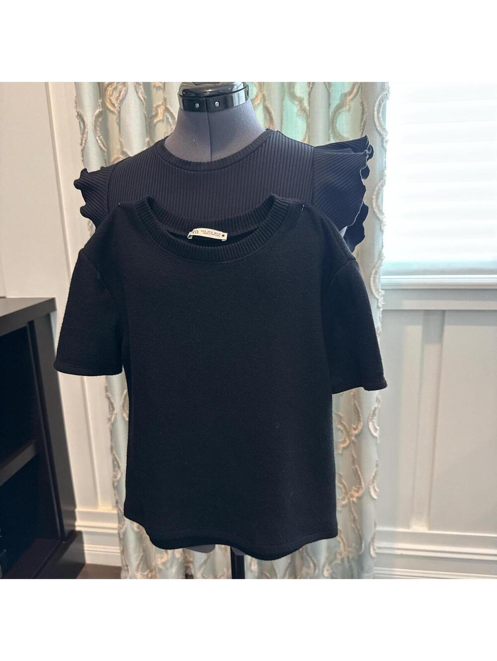 Zara Black Ribbed Flutter Sleeve Top and Black Knit Short Sleeve Top Set